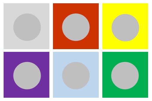 image représentant six carrés de différentes couleurs dans lesquels on a un rond d'un même gris et que l'on perçoit différemment selon la couleur du carré.